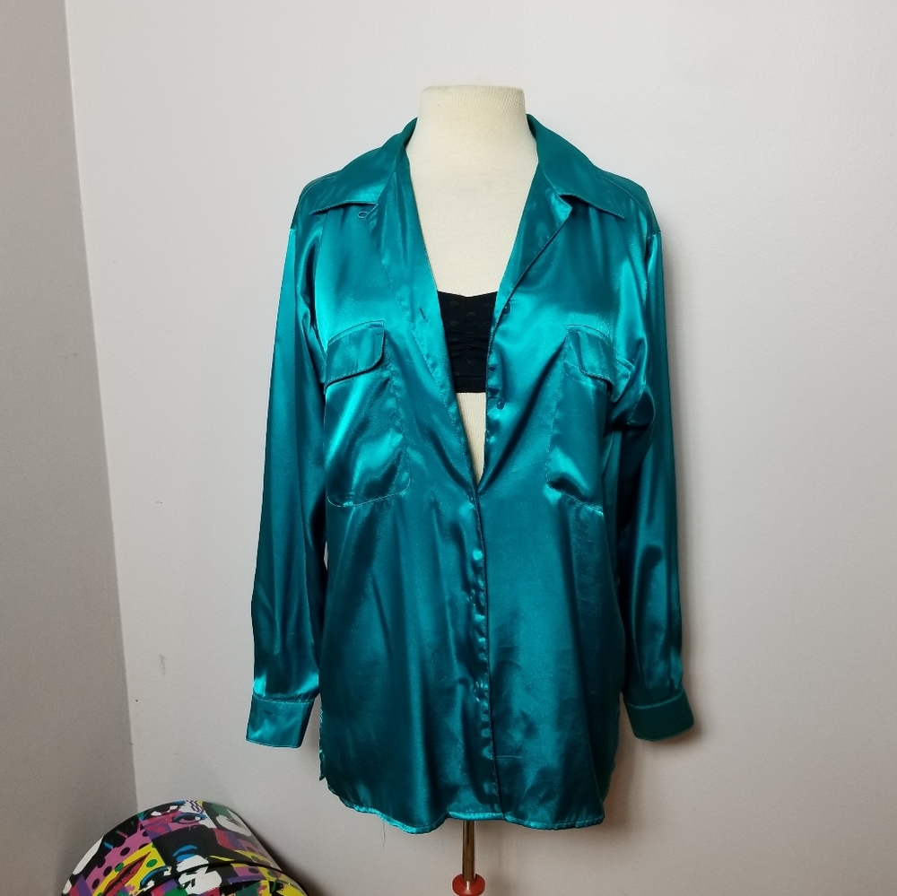 Teal Turquoise Shiny Satin Elegant Timeless Classic Buttondown Womens Top Blouse